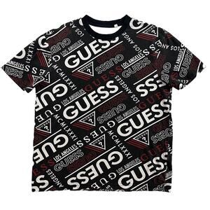 GUESS Shirt Mens XS Black All Over Print T Shirt Comfort Crew Neck Spellout